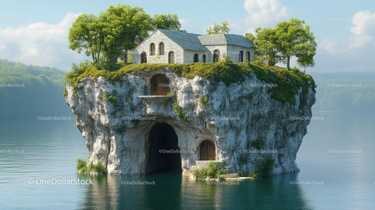 Stone house on mossy rocky island with trees surrounded by calm water