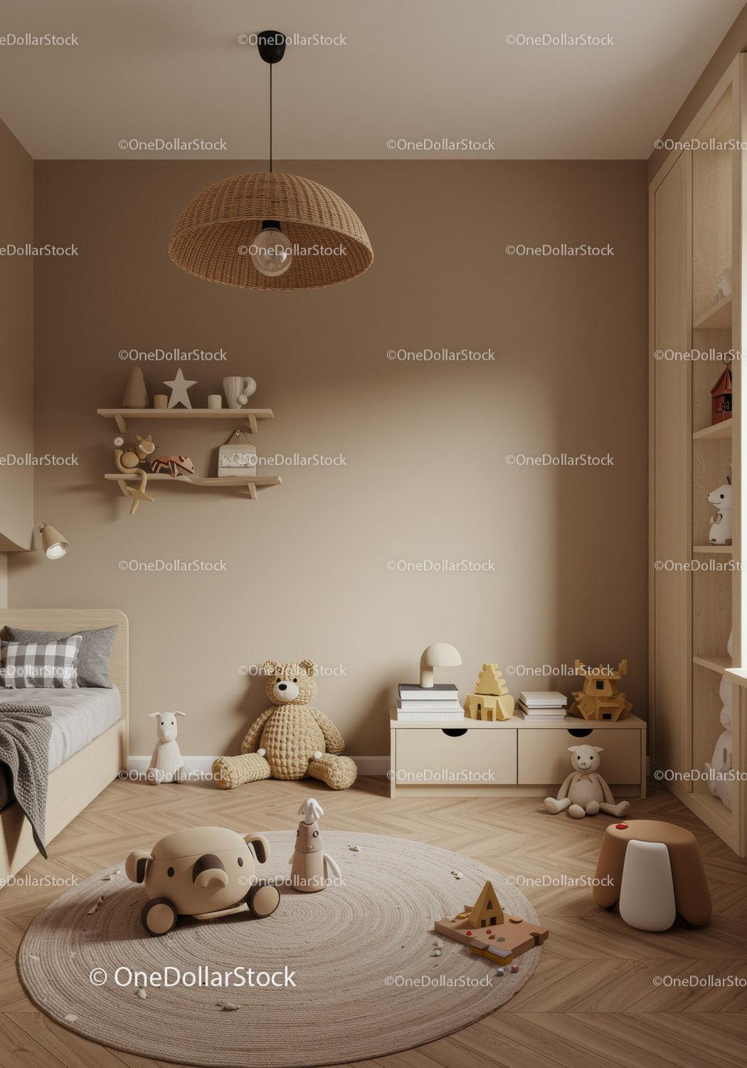 Cozy Nursery Room with Plush Toys and Natural Wood Decor