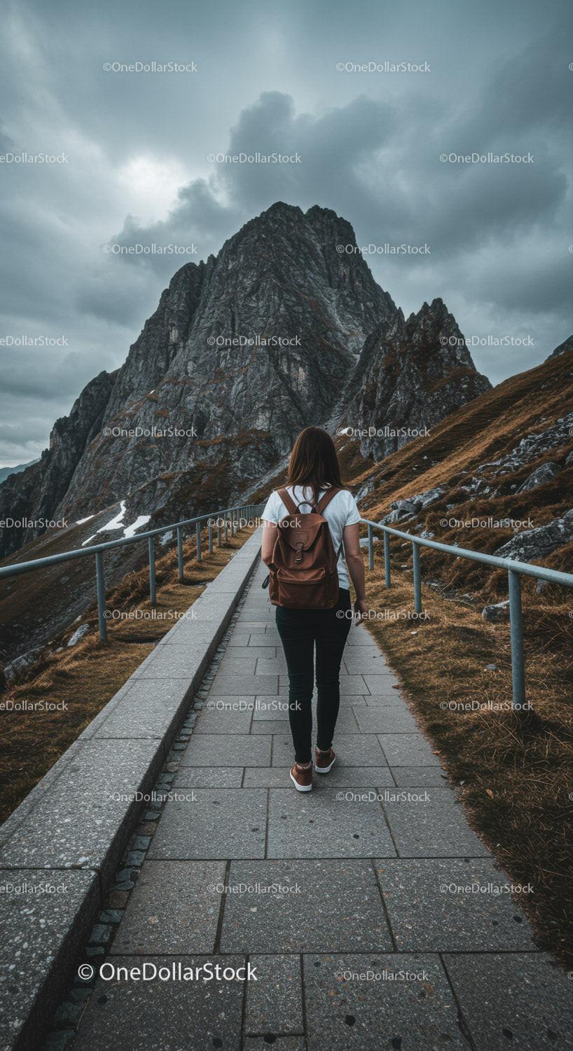Mountain Hiking Trail with Woman Backpacker Exploring Scenic Mountain Landscape