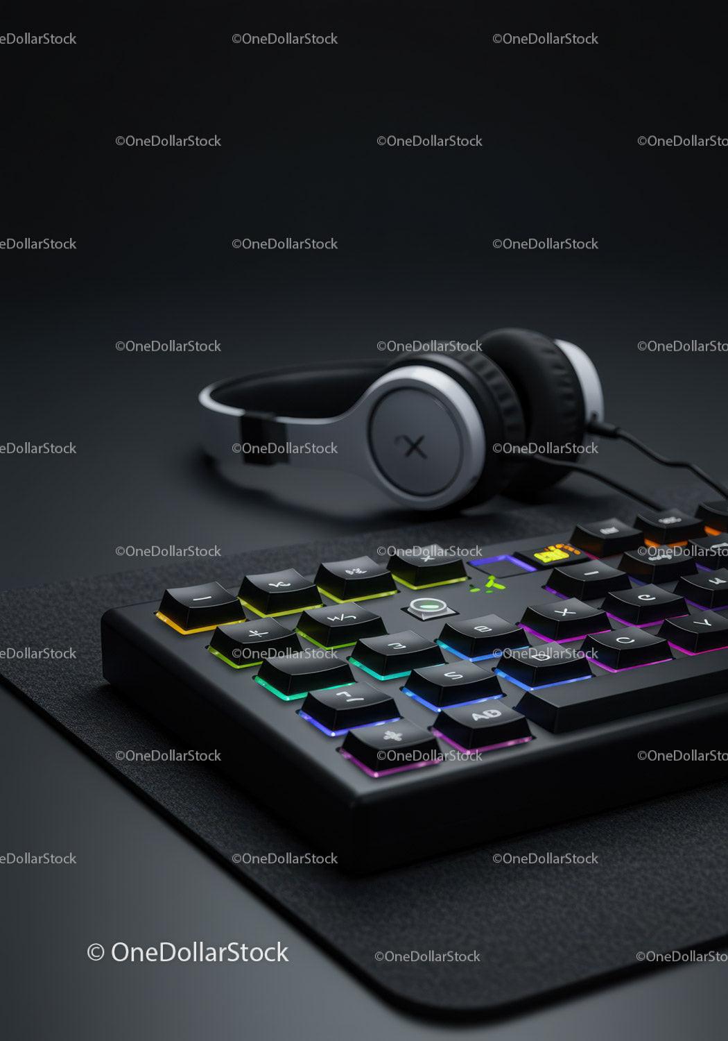 RGB Backlit Gaming Keyboard with Wireless Headset on Modern Desk