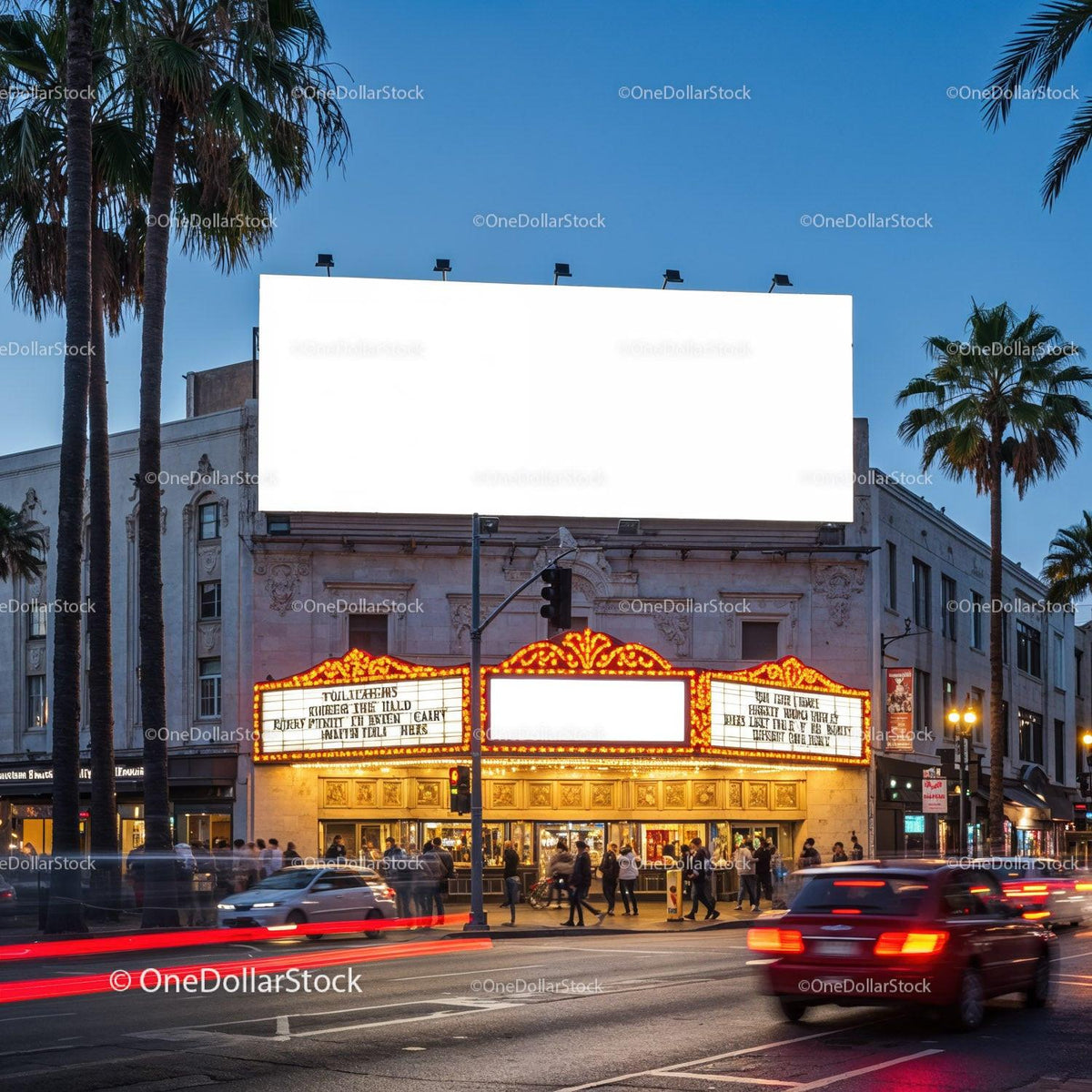Evening view of historic cinema with illuminated marquees JPG Mockup Image preview