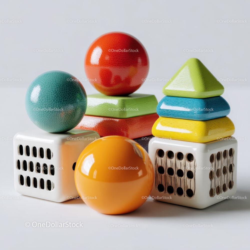 Colorful wooden geometric toy blocks including spheres, cubes, and pyramids stacked on white surface