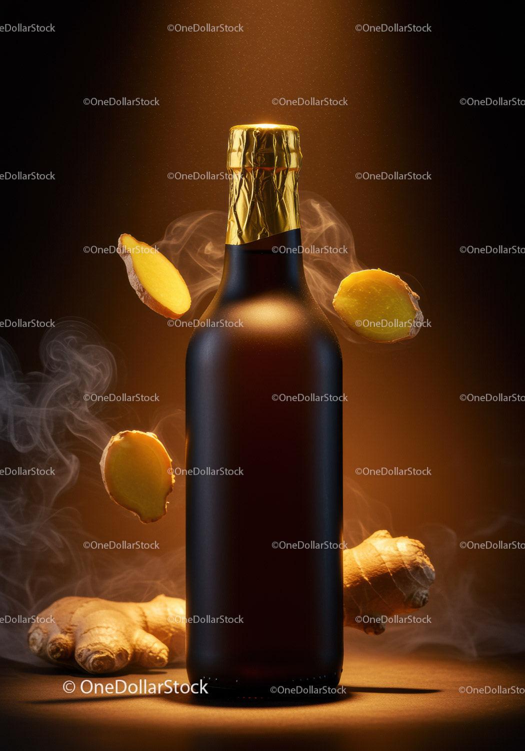 Dark glass bottle with golden cap and fresh ginger slices