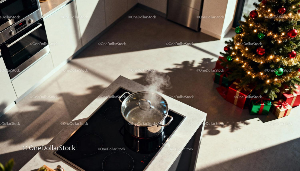 Steaming pot on modern kitchen stove near Christmas tree