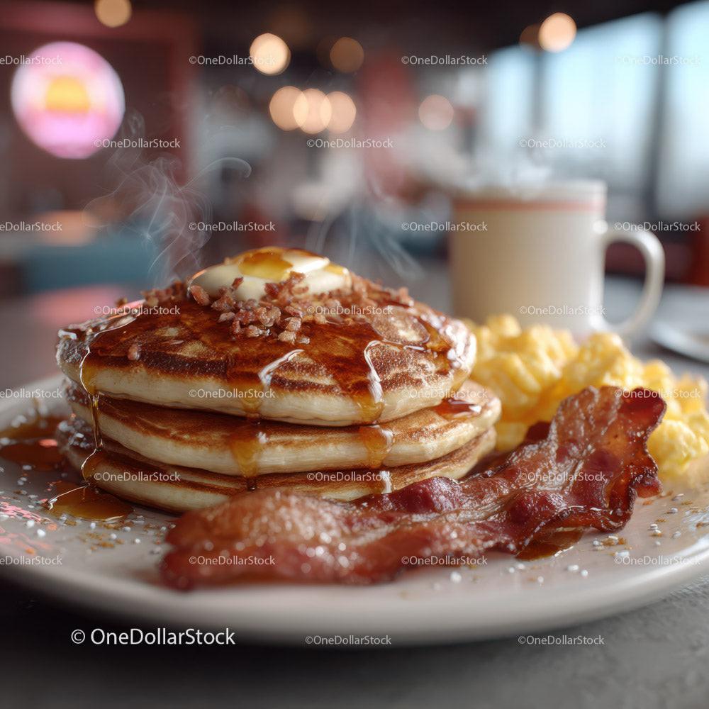 Stack of Fluffy Pancakes with Bacon and Egg in Cozy Cafe Setting