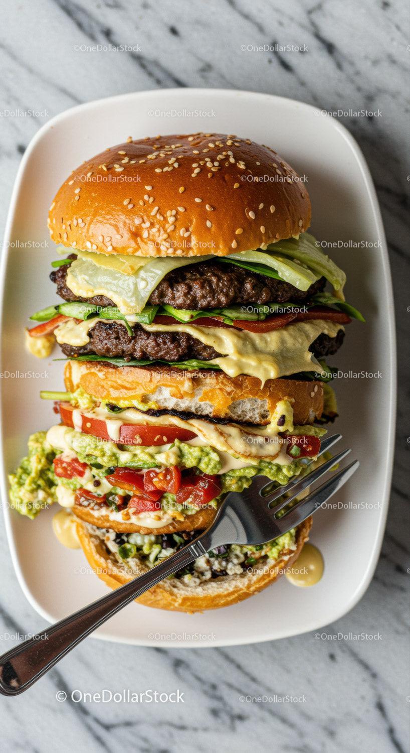 Hearty double cheeseburger with fresh vegetables on plate