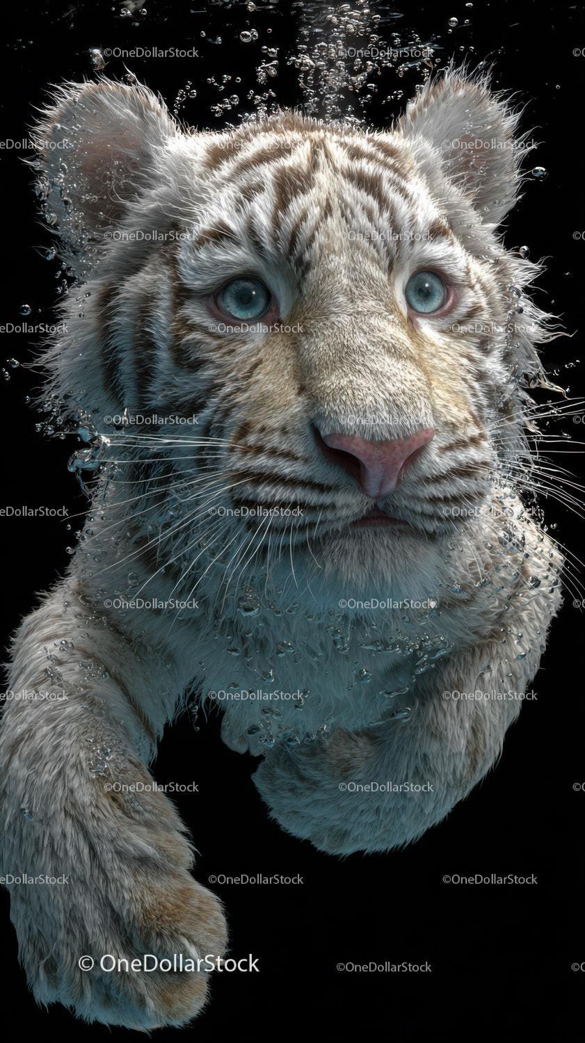 White tiger cub swimming underwater with piercing blue eyes Stock Photo Bundle preview 20
