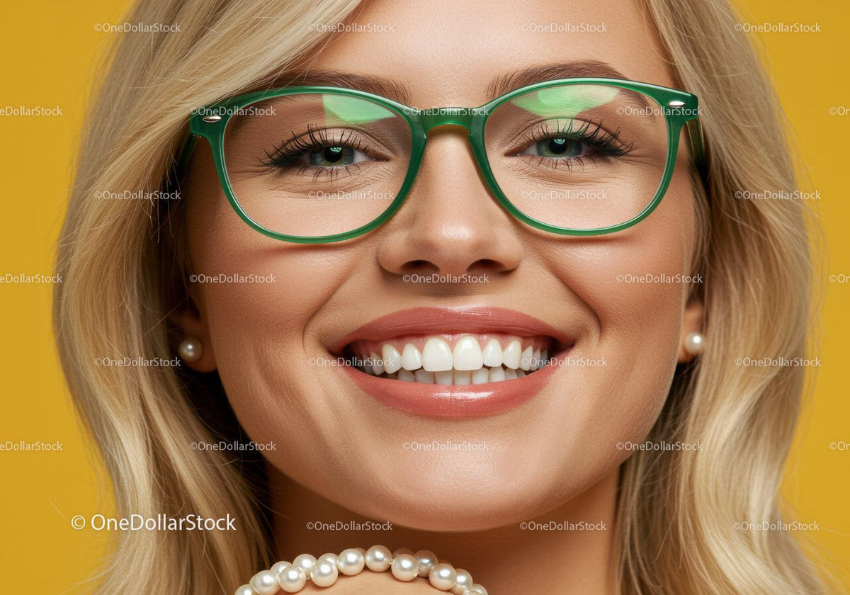 Close up of smiling woman wearing green glasses and pearls