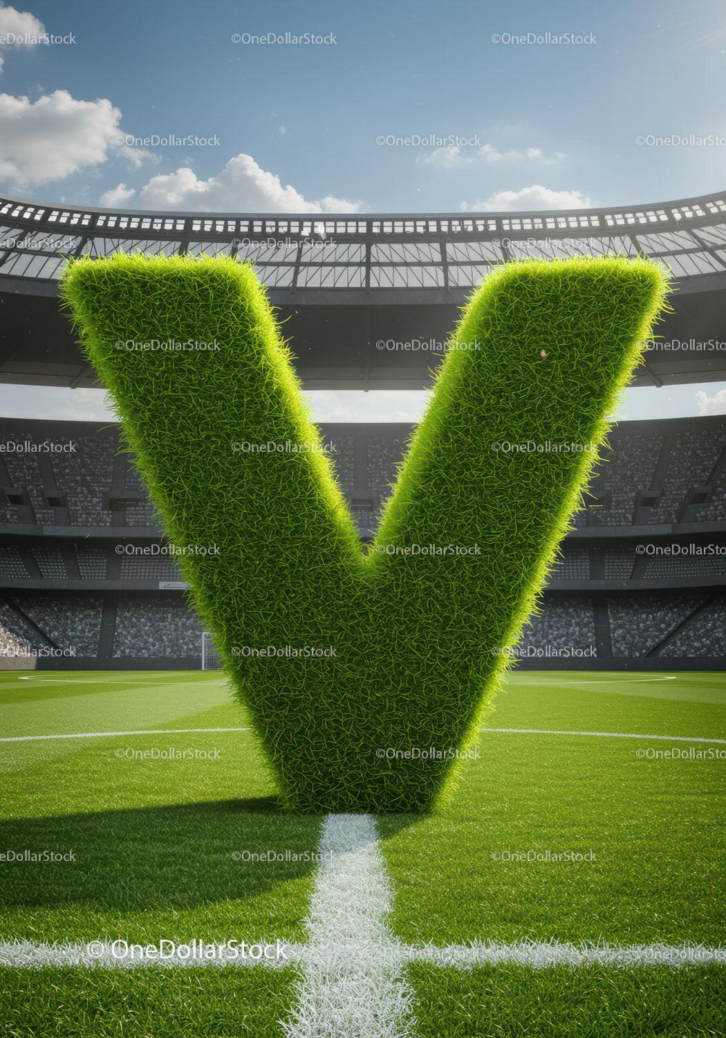 Green Grass Letter V Standing on Soccer Field