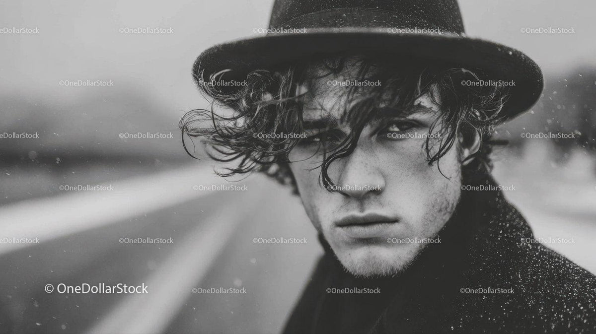 Stylish Young Man with Curly Hair Wearing Black Hat in Urban Scene