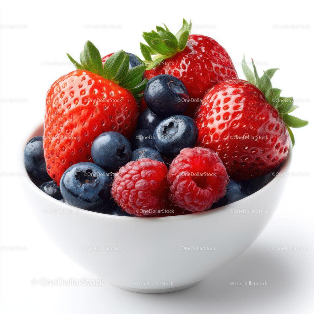 stock photo bundle made with Fresh Mixed Berries in a White Bowl with Green Leaves Stock Photo Bundle