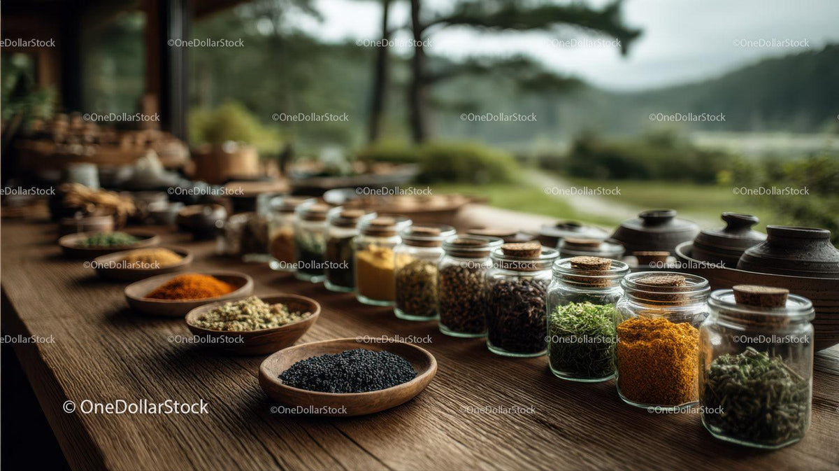 Assortment of Spices and Herbs in Glass Jars on Wooden Table