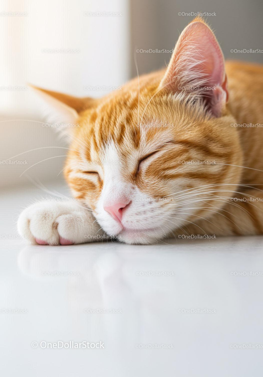 Close up of a sleeping ginger cat with white paws