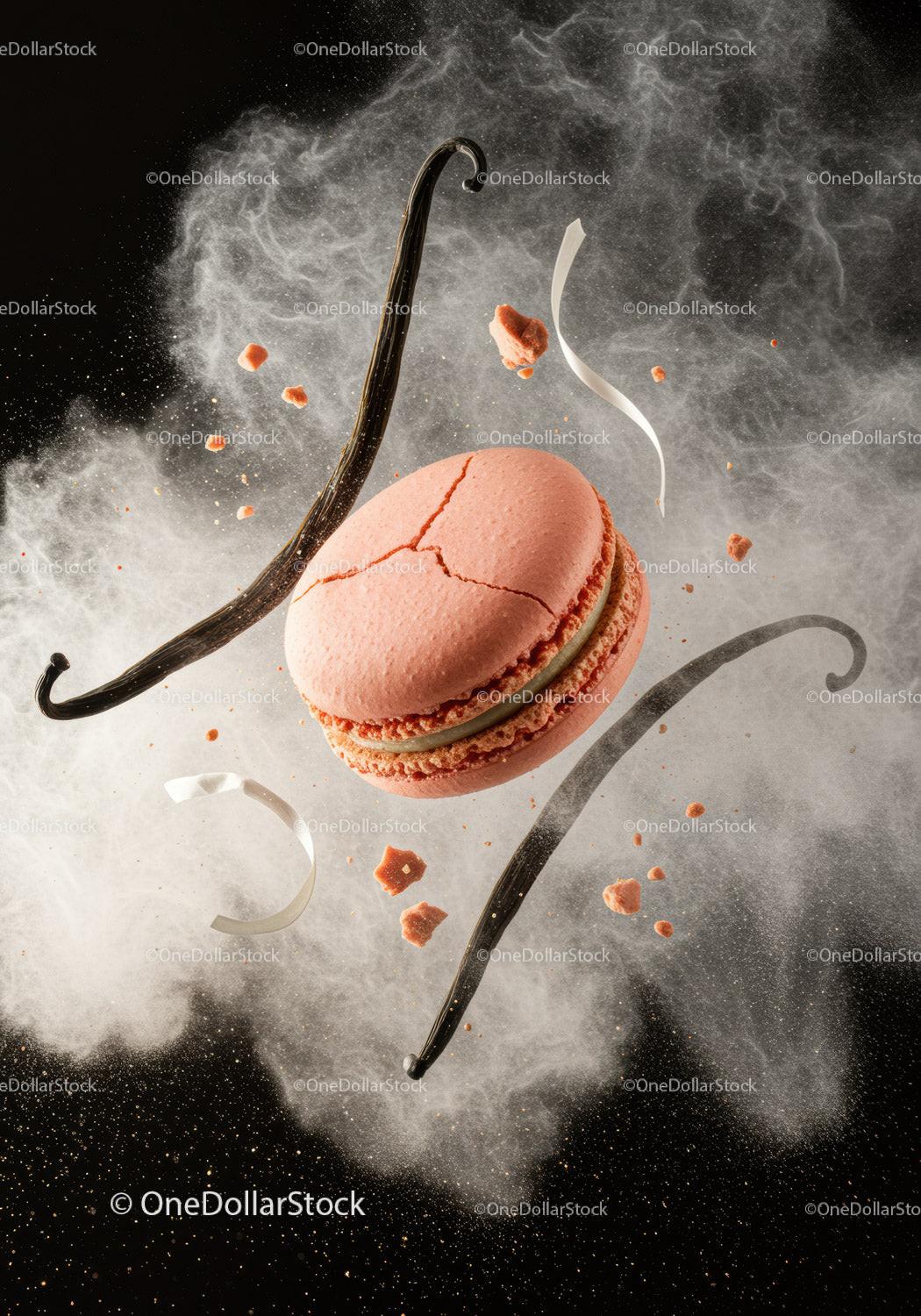 Pink macaron with vanilla pods and flour dust explosion