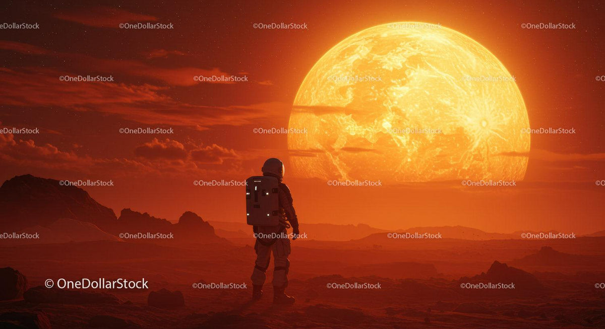 Astronaut Standing on Alien Planet with Large Sun Setting Behind Stock Photo Bundle preview 33