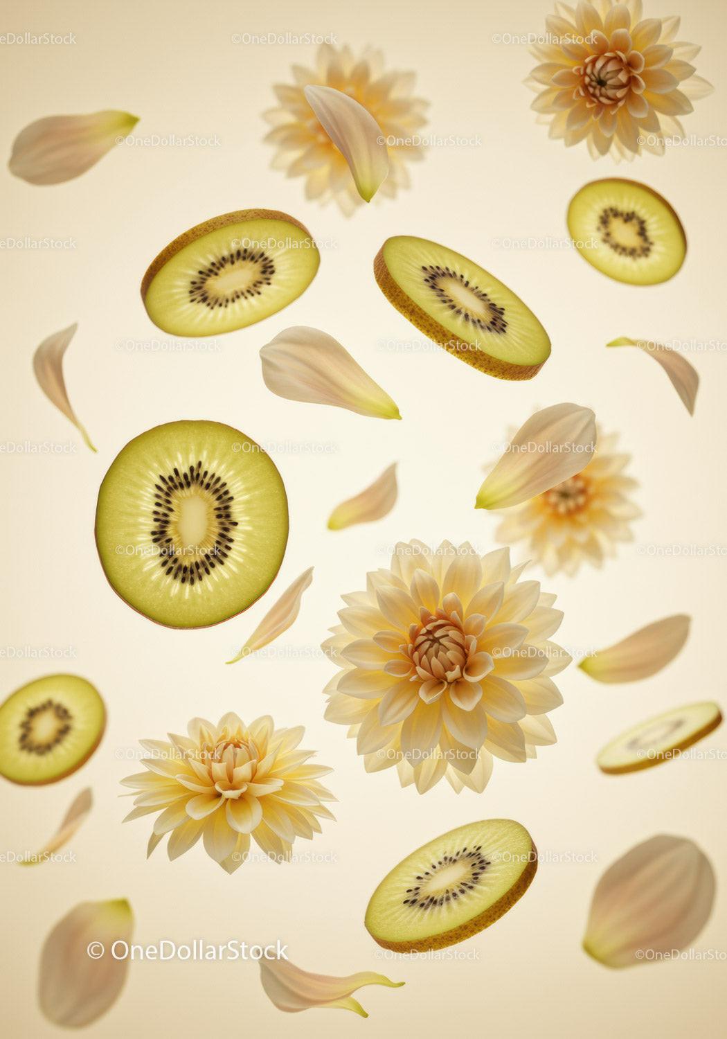 Sliced green kiwis with soft yellow dahlia petals floating