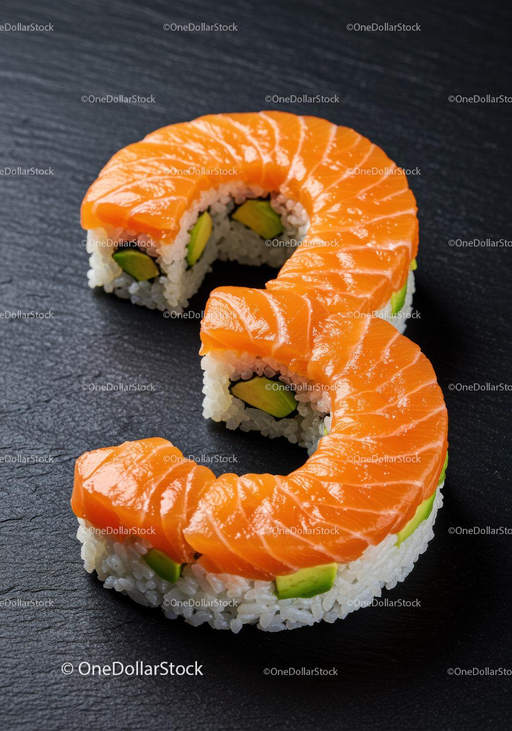 Fresh salmon sushi roll shaped as number eight