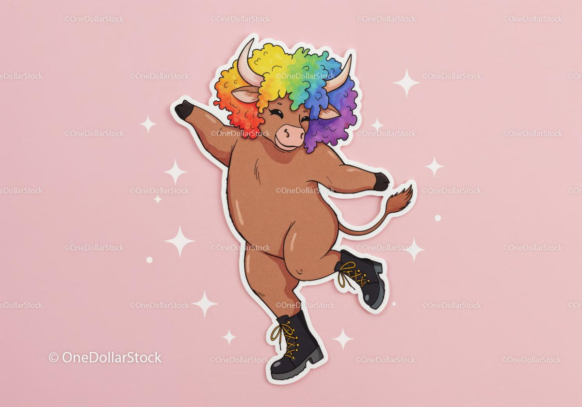 stock photo bundle made with Colorful Cartoon Bull with Rainbow Hair in Funky Streetwear Stock Photo Bundle