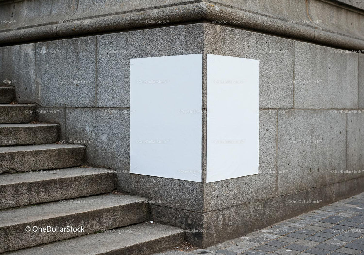 Blank posters on corner stone wall near urban stairs JPG Mockup Image preview