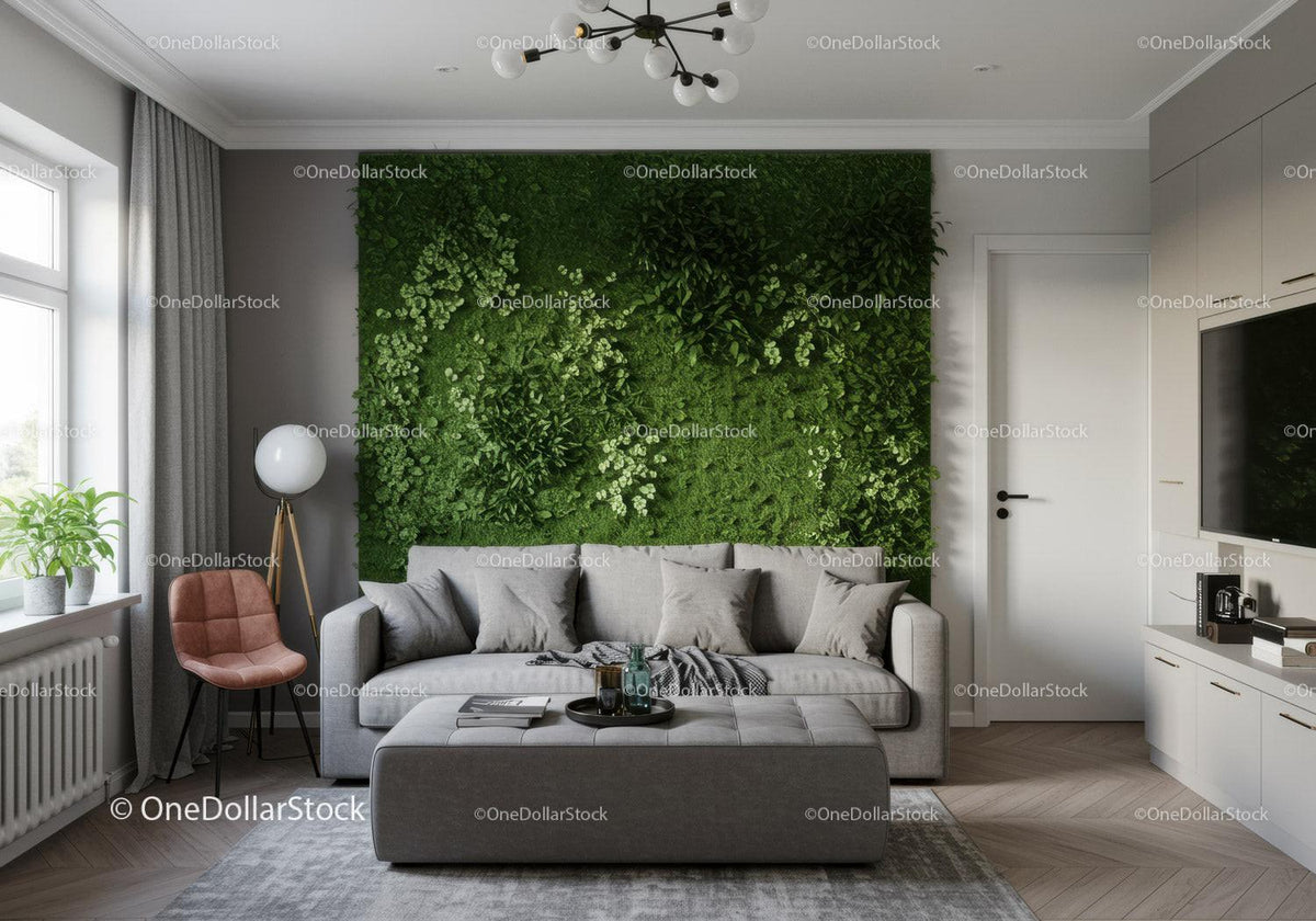 Modern Living Room with Green Plant Wall and Cozy Sofa