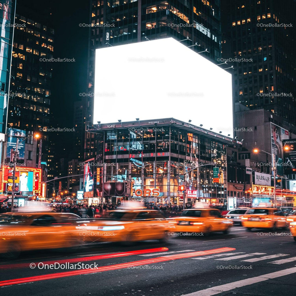 Busy city street with bright billboard and moving taxis JPG Mockup Image preview