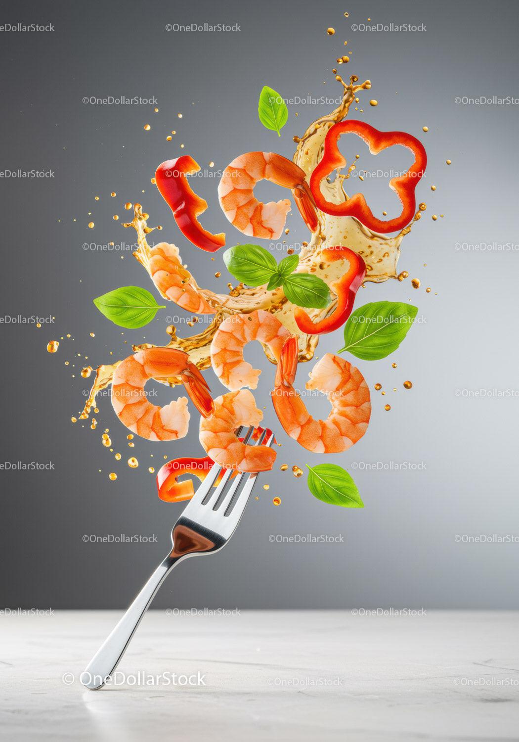 Fresh shrimp with red pepper and basil on fork splash