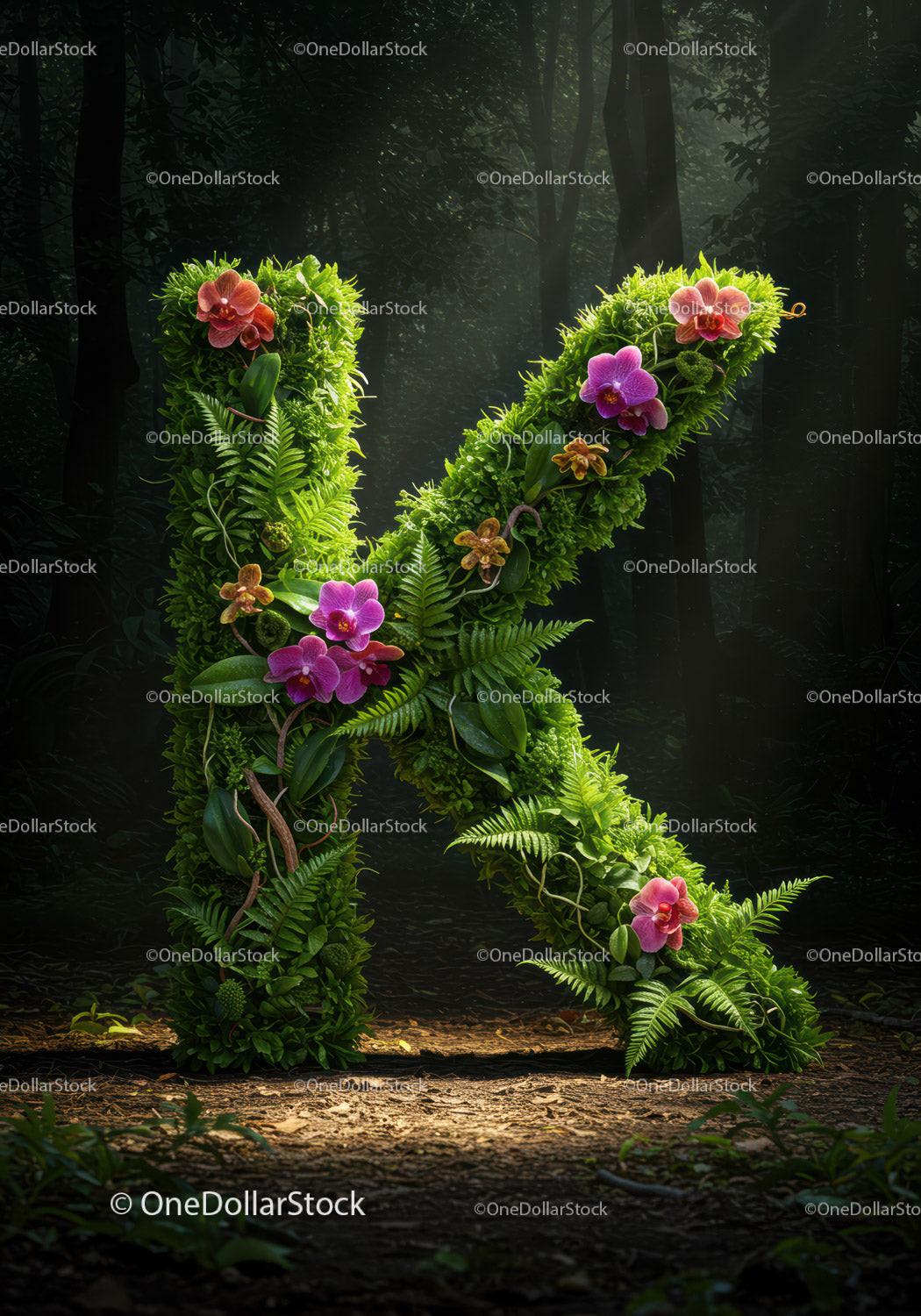 Letter K Crafted from Lush Greenery and Orchids