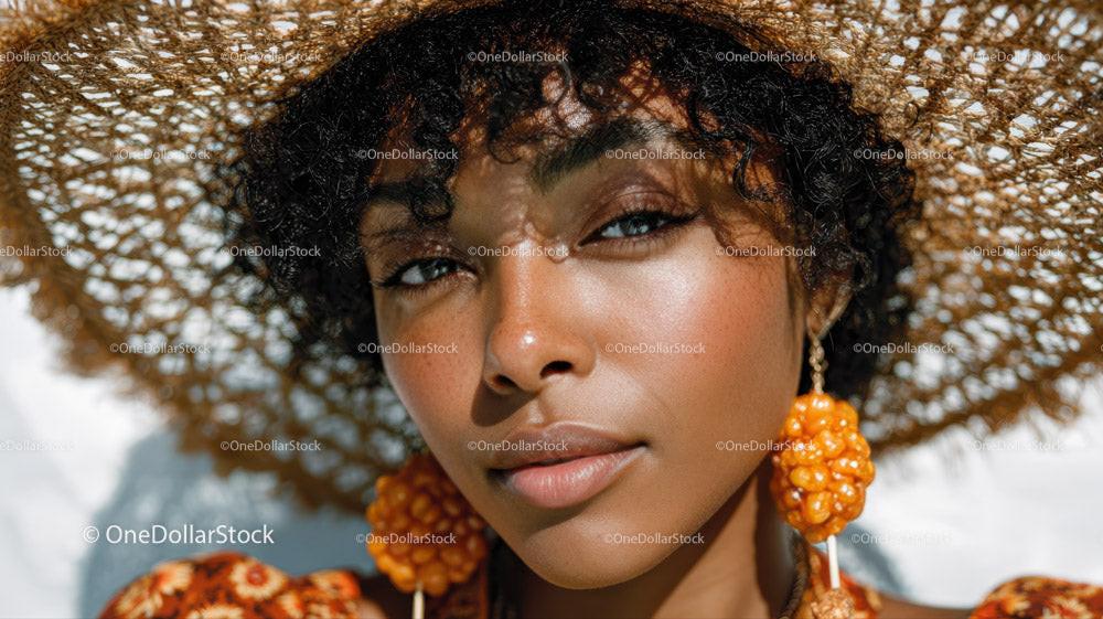 Stylish Woman with Curly Hair and Orange Earrings in Summer Setting