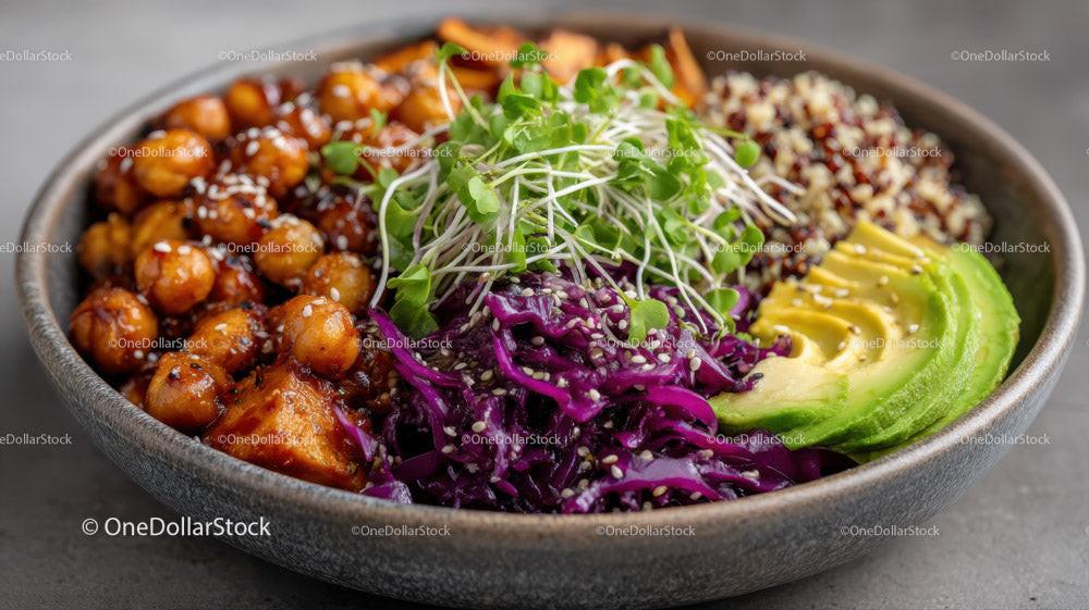 Colorful Vegan Bowls with Chickpeas Sweet Potatoes Red Cabbage and Quinoa Stock Photo Bundle creative preview 4