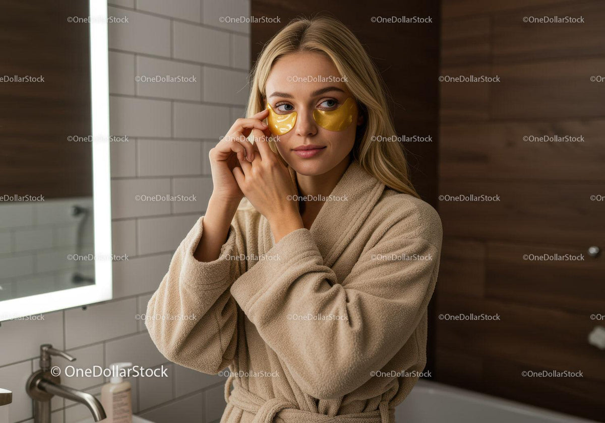 Young woman relaxing with gold eye masks in bathroom