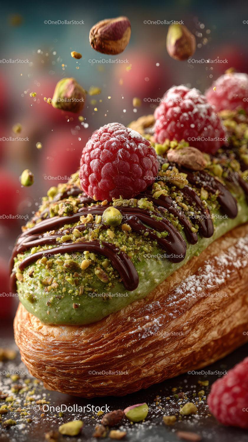 Raspberry and Pistachio Filled Croissant with Chocolate Drizzle