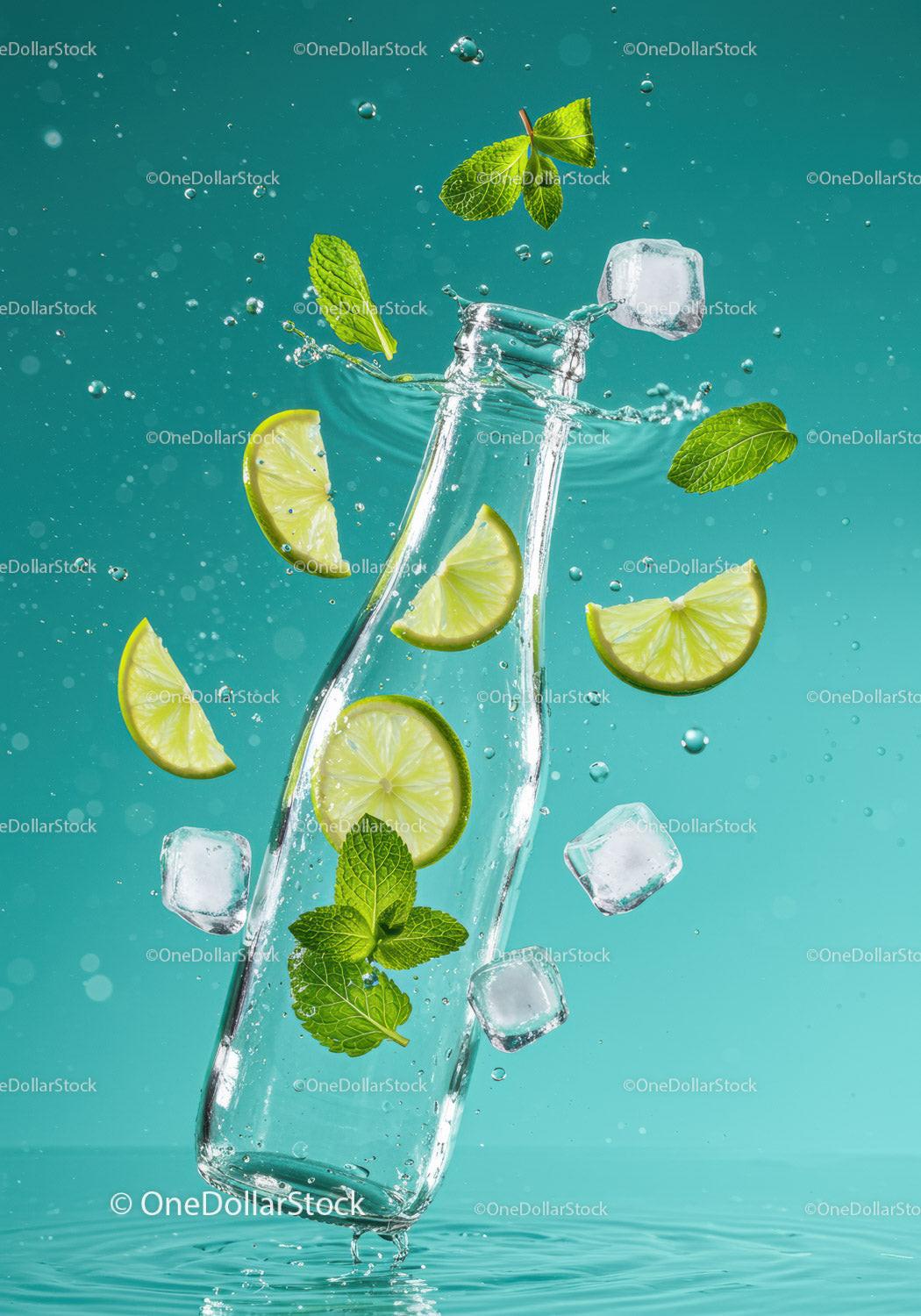 Refreshing lime and mint splash in clear bottle