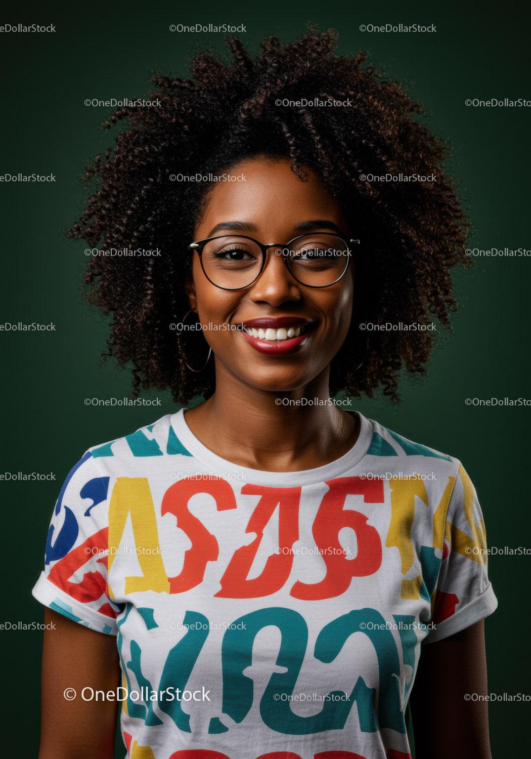 Vibrant Young Woman with Curly Hair and Glasses in Casual Attire