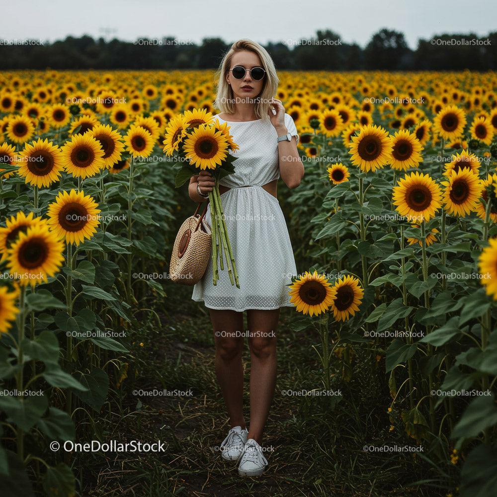 Woman in a Beautiful Sunflower Field Enjoying Summer Bliss Stock Photo Bundle preview 6