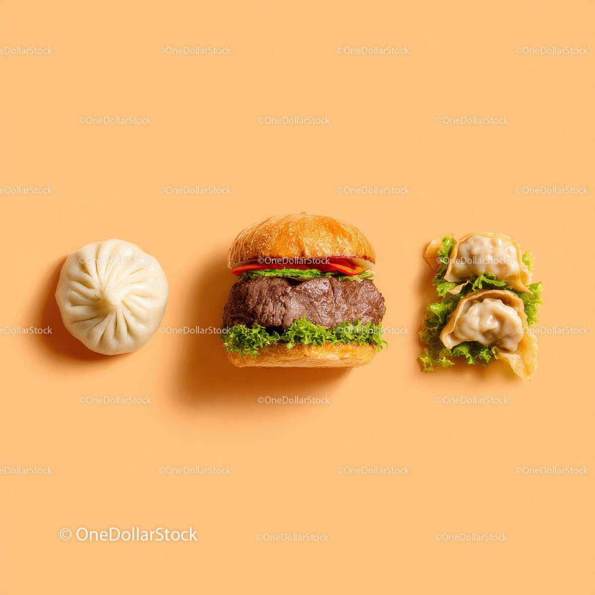 Gourmet Burger with Lettuce and Tomato Next to Grilled Steak and Dumpling Stock Photo Bundle preview 14