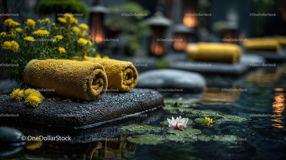 Relaxing Outdoor Spa Scene with Towels and Lotus Flowers