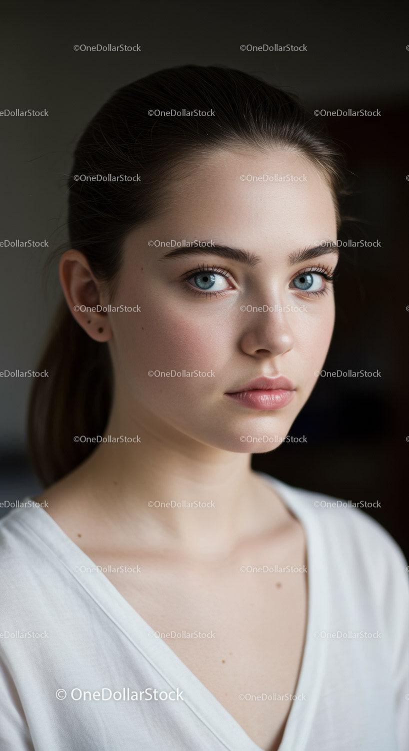 Young Woman with Blue Eyes and Natural Beauty in Indoor Portrait