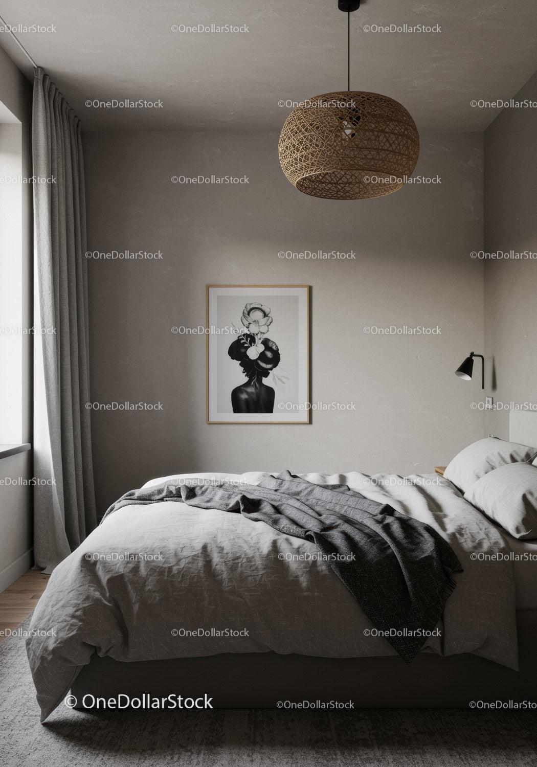 Modern Bedroom with Cozy Bed, Artistic Wall Decor and Soft Lighting