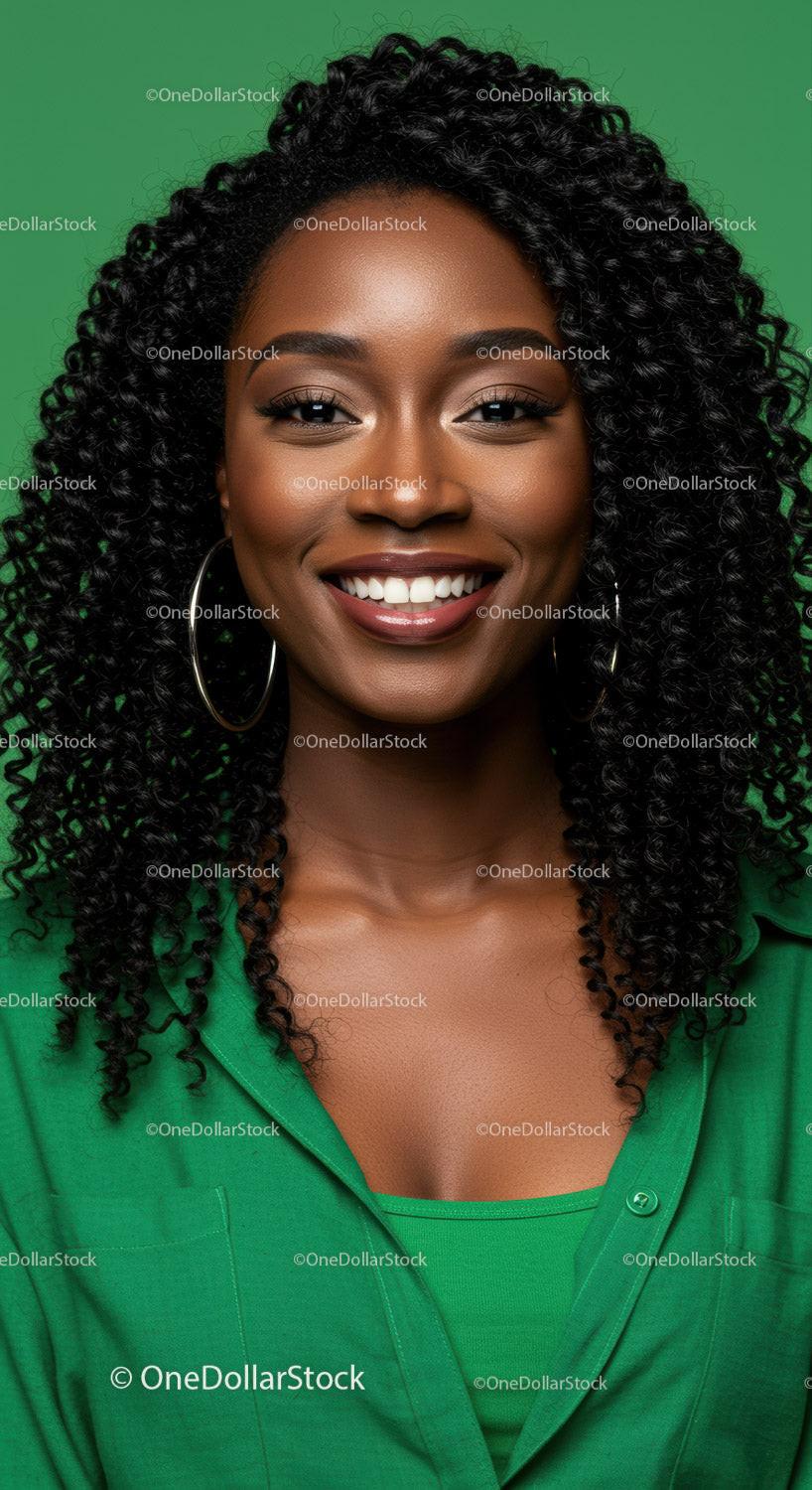 Elegant Professional Portrait of a Joyful African American Woman with Curly Hair
