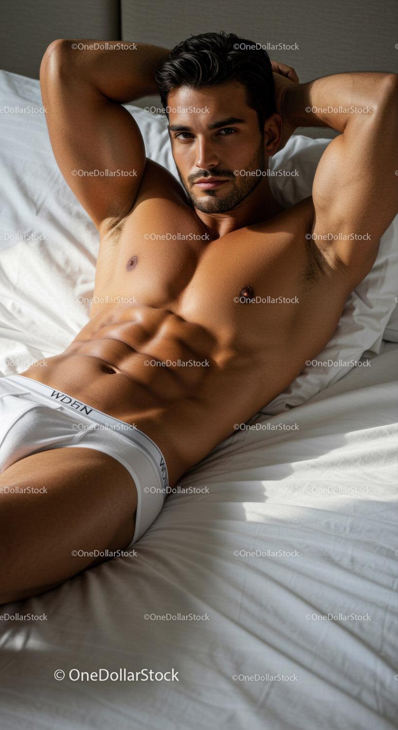 Athletic man relaxing on bed in white underwear
