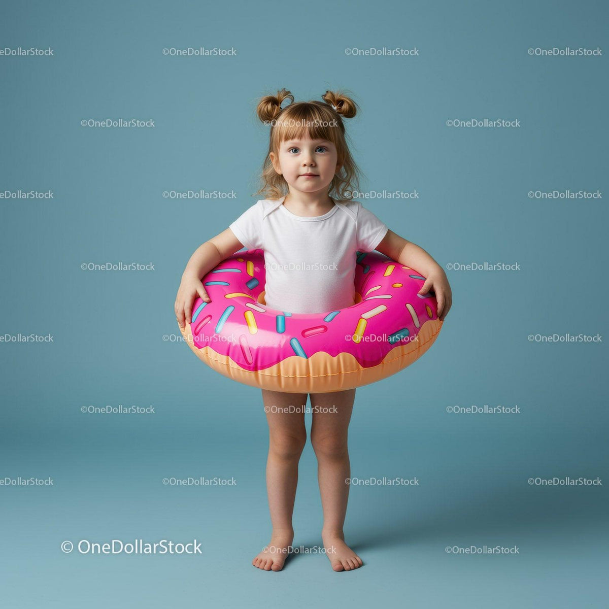 Little girl with inflatable donut swim ring on blue
