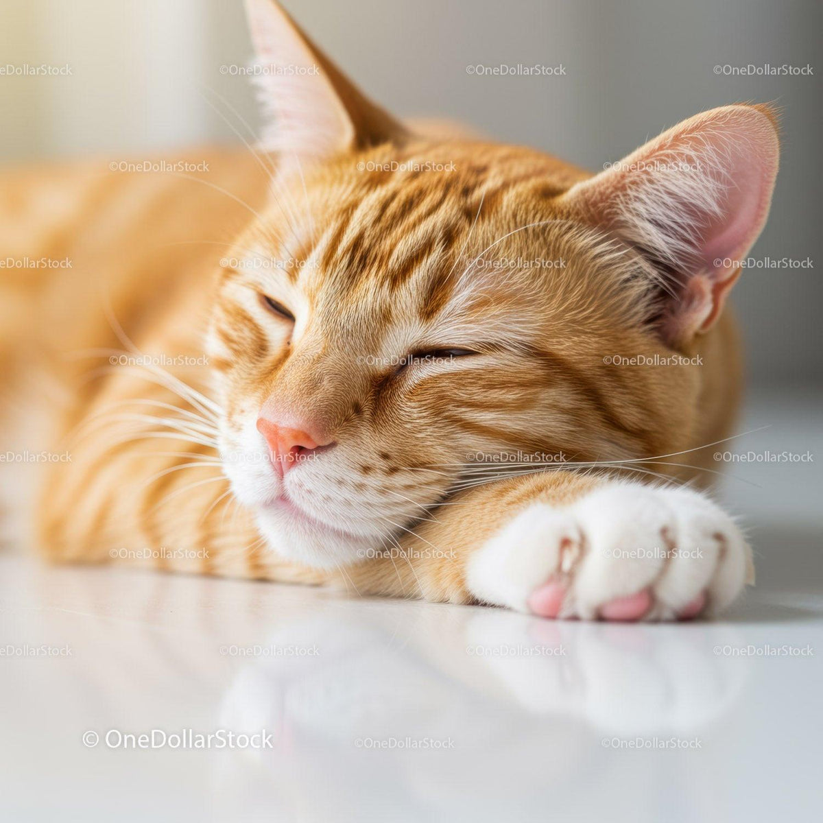 Ginger cat peacefully resting on smooth surface