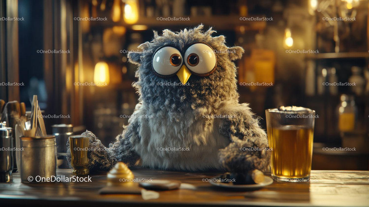 Fluffy owl puppet with big eyes and yellow beak sitting at wooden bar counter with a glass of beer