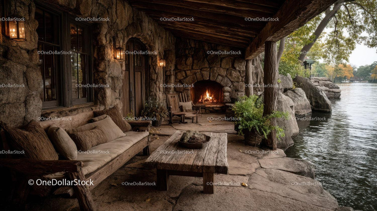 Rustic Riverside Cabin with Stone Fireplace Surrounded by Autumn Foliage Stock Photo Bundle preview 14