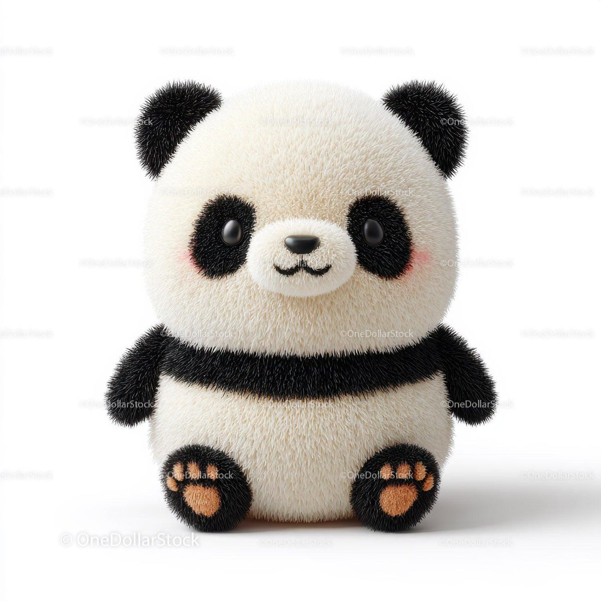 Fluffy black and white cartoon panda plush toy with pink cheeks sitting upright