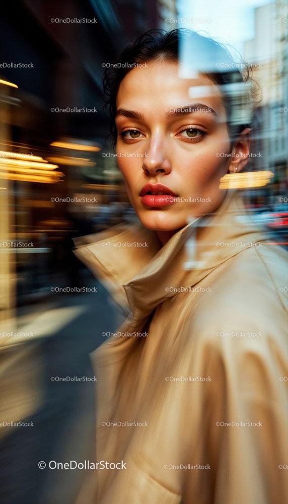 Chic Woman in Brown Coat Walking Through Busy City Street Stock Photo Bundle preview 30