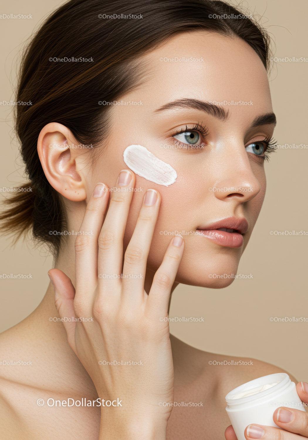 Portrait of a Woman Applying Face Cream with Beauty and Skincare Concept