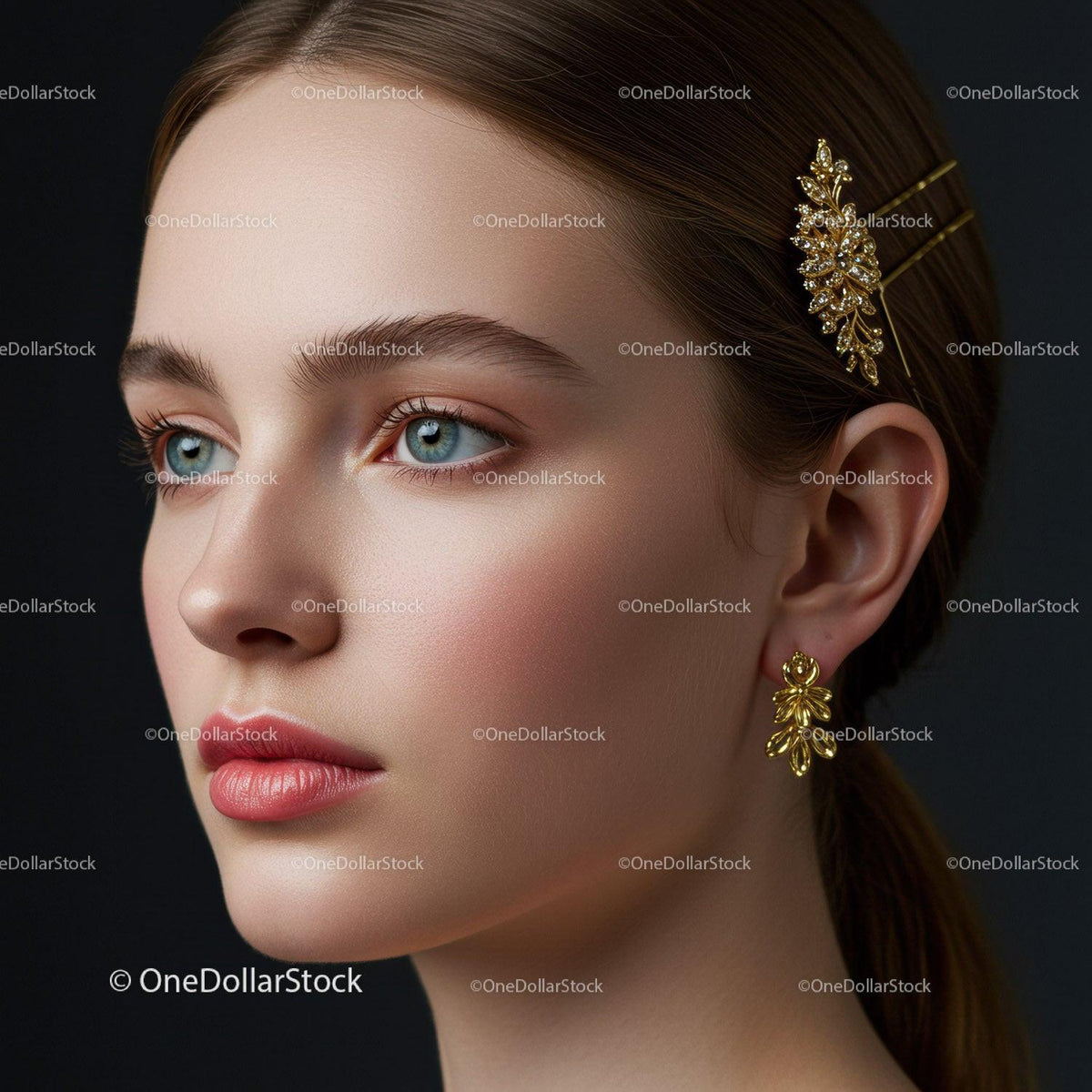 Elegant Woman Wearing Gold Jewelry with Floral Headpiece