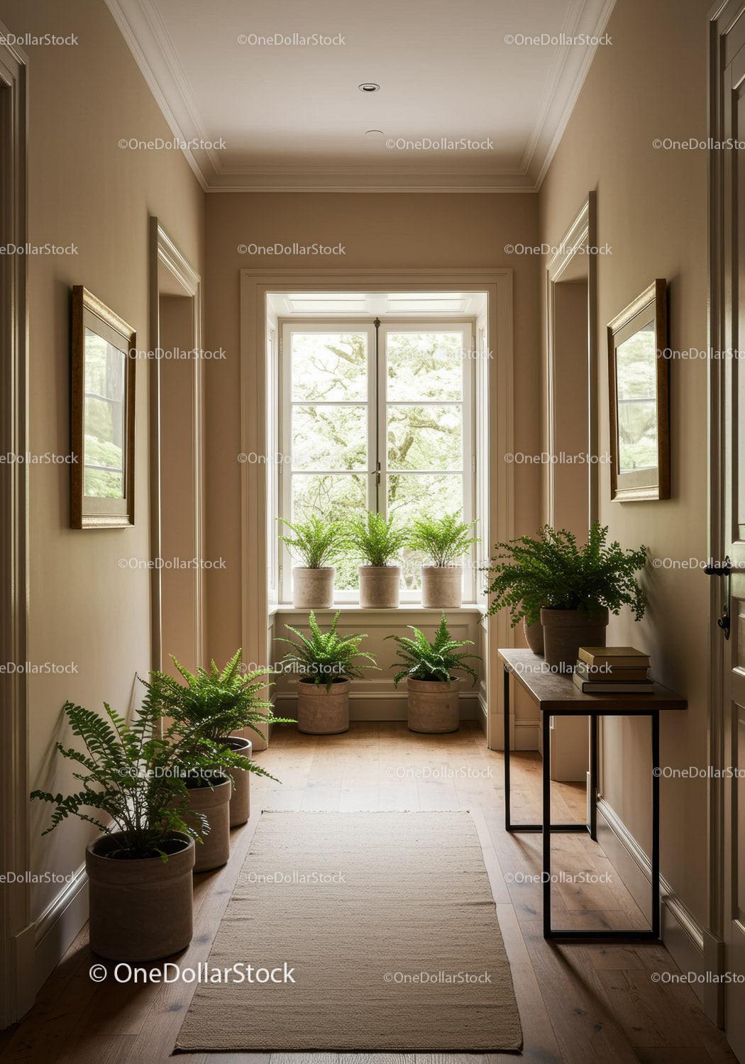 Elegant Indoor Hallway with Potted Ferns and Natural Light