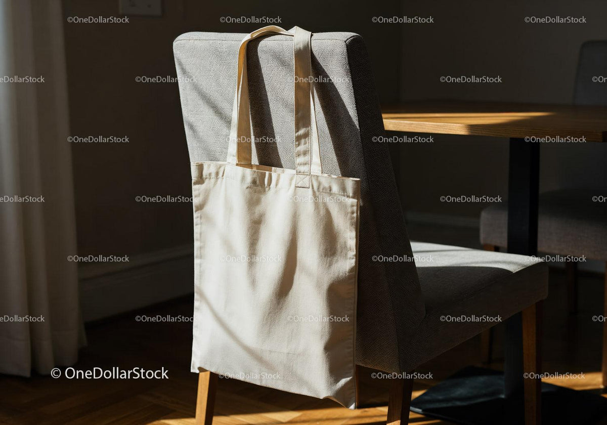 Natural Cotton Tote Bag Hanging on Chair in Sunlight JPG Mockup Image preview